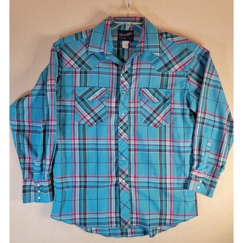 Wrangler Vintage Mens shirt size 16-34 Xlong tails snap buttons aqua green pink